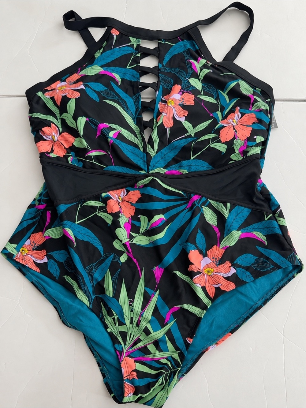 Terra & Sky Black Floral Ladder-Front One-Piece Swimsuit